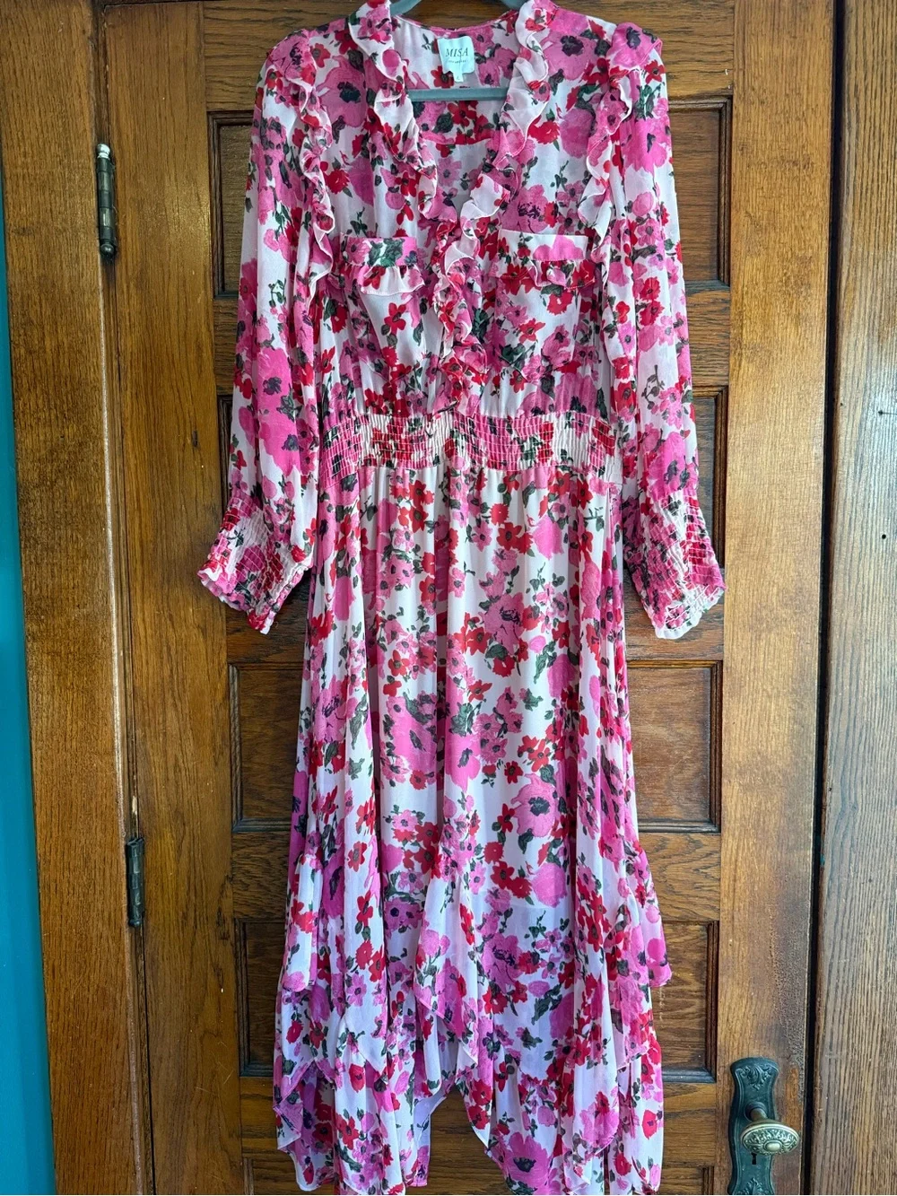 MISA Samantha Dress Flowy Floral Midi Ruffle Long Sleeve V Neck US L - Picture 2 of 15